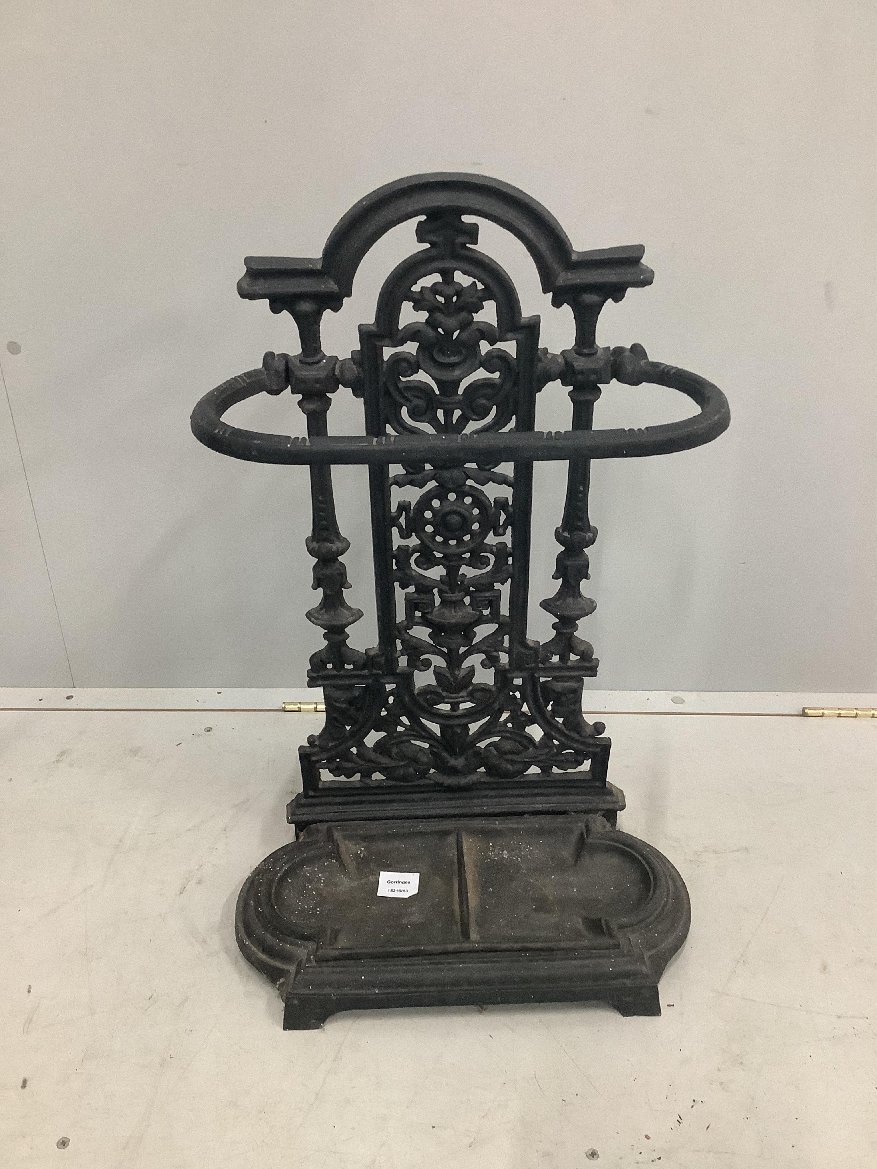 A Victorian Coalbrookdale style cast iron stick stand, width 45cm, height 70cm. Condition - fair